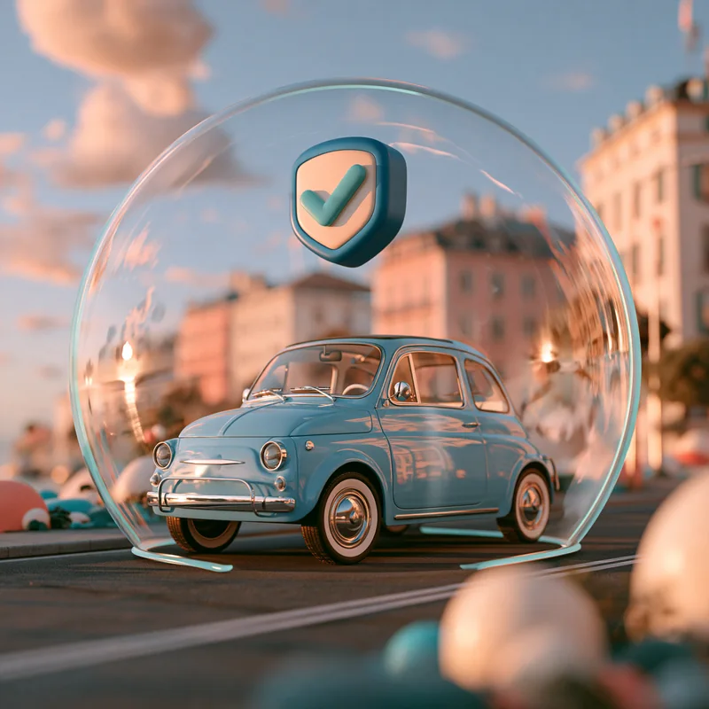 Illustration d’une voiture protégée par une bulle transparente, sous un bouclier validé.