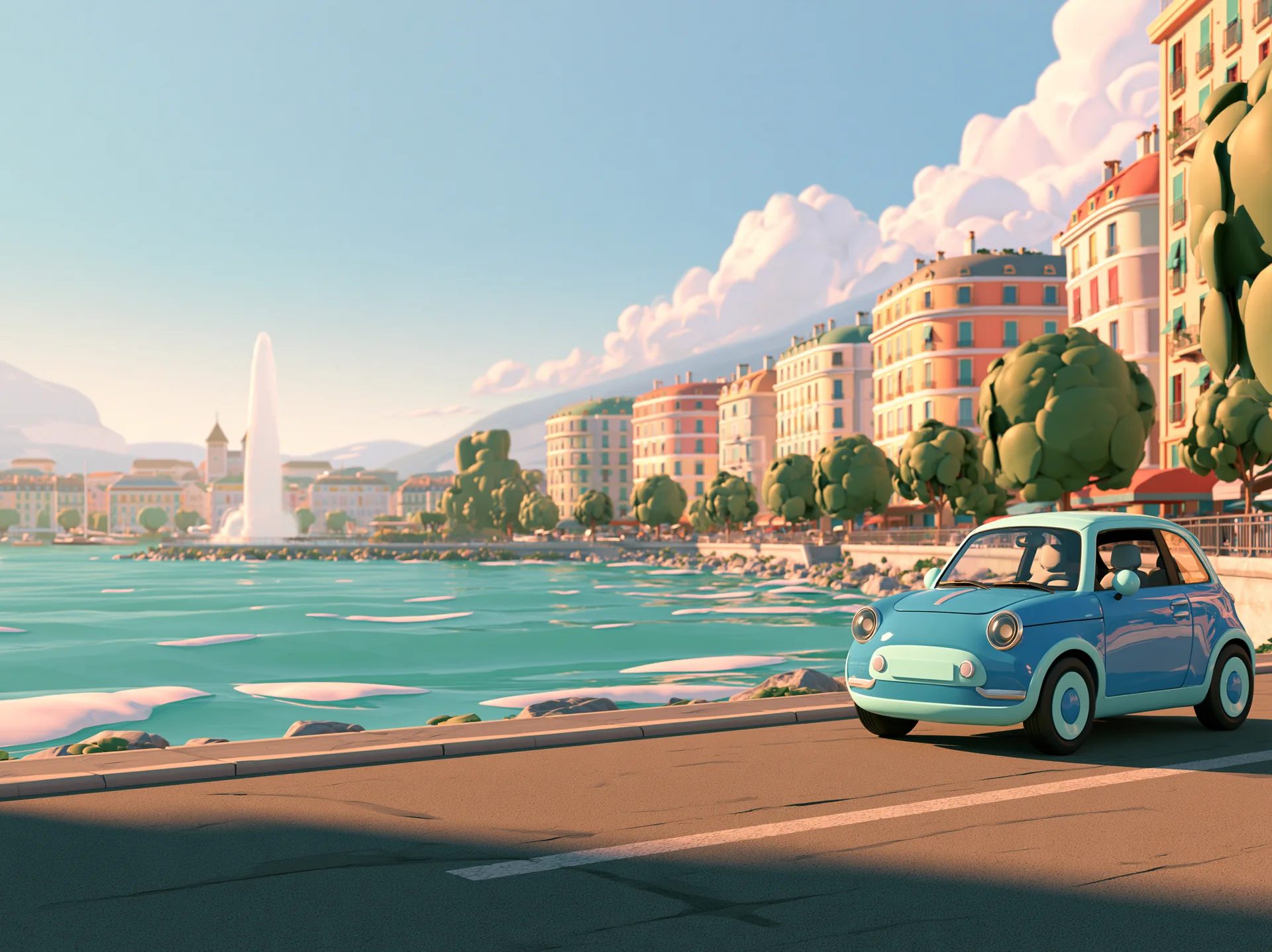 Illustration d’une voiture bleue qui roule au bord du lac à Genève, avec le Jet d’eau en arrière-plan.