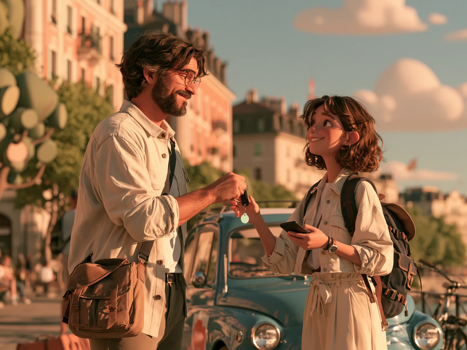 Illustration d’un propriétaire qui remet les clés de sa voiture à une jeune femme, dans une rue ensoleillée de Genève.